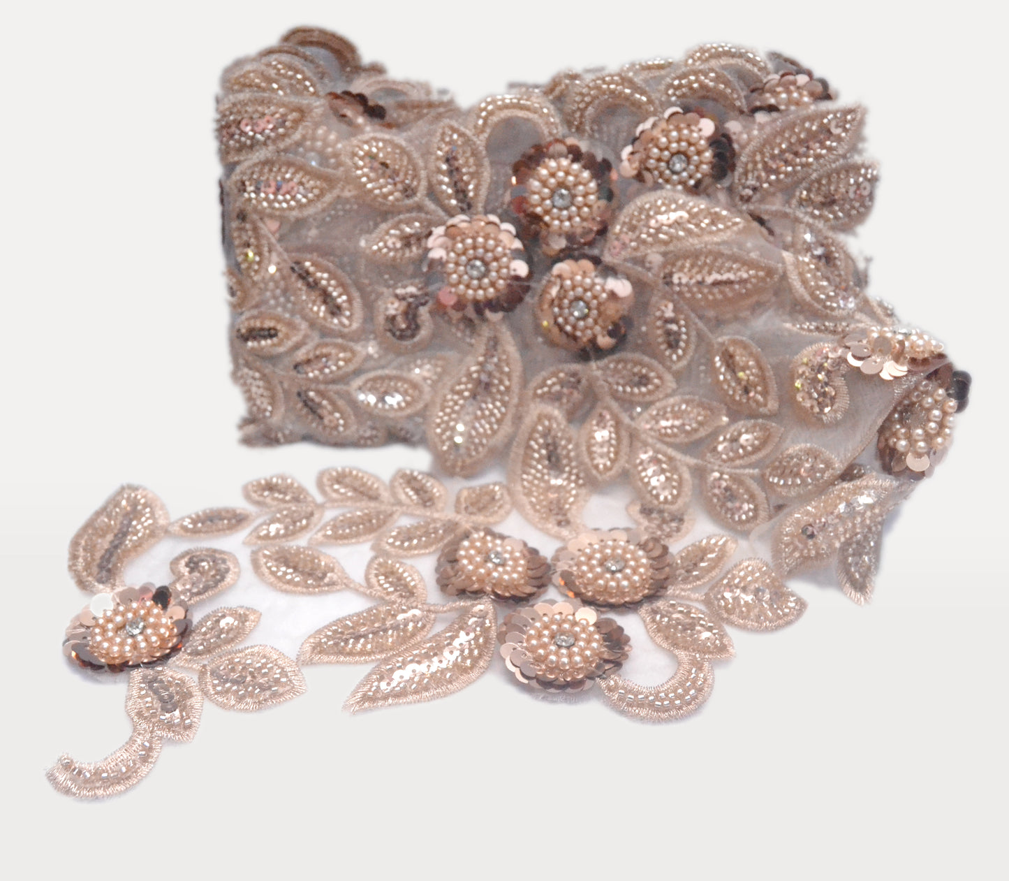 Champagne Bloom 3D Pearl & Sequin Lace Trim – Per Yard