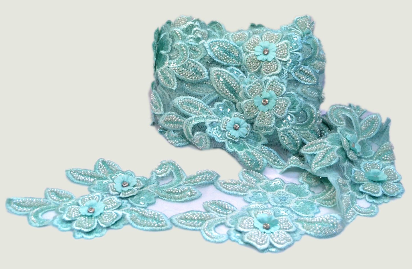 Aqua Bloom Beaded Floral Lace Trim – Per Yard
