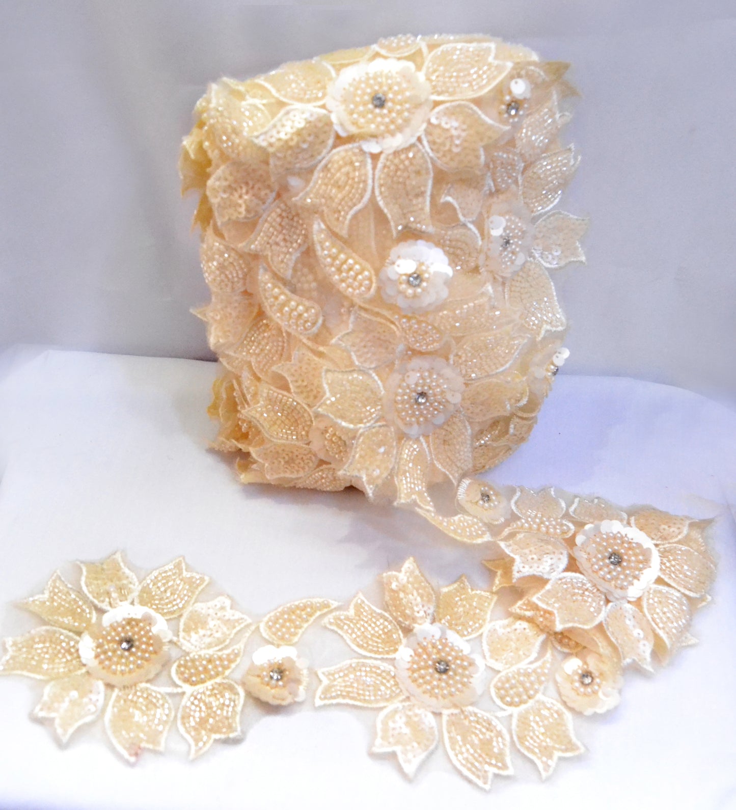 Champagne Blossom 3D Floral Lace Trim – Per Yard