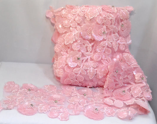 Baby Pink Sequin & Beaded Floral Lace – Per Yard