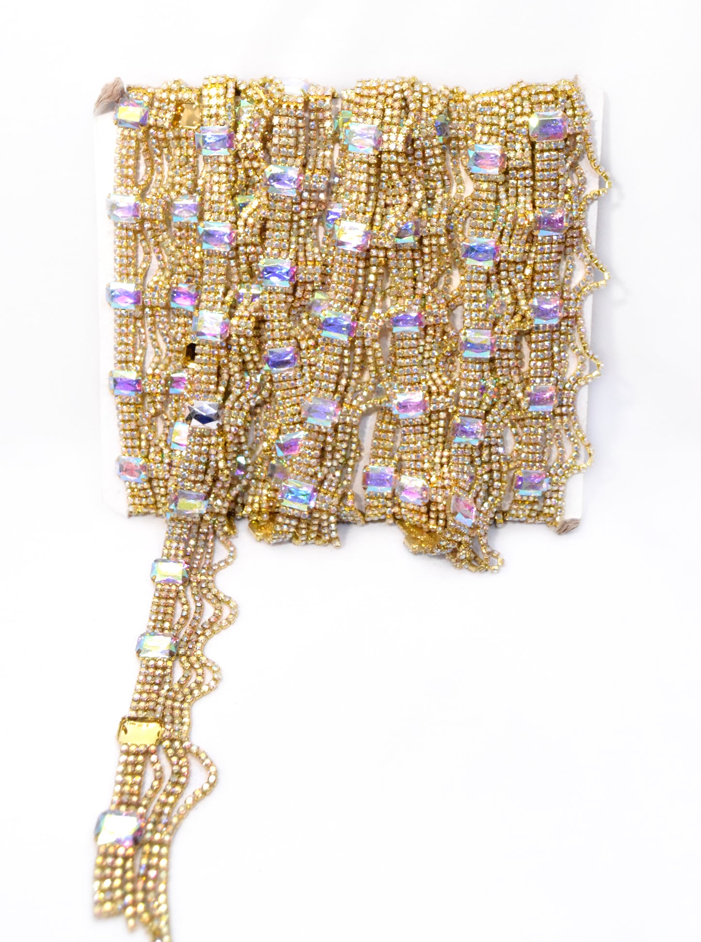Aurora Rectangular Gem & Gold Wave Bead Trim – Per Yard