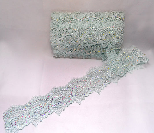 Icy Blue Beaded Lace Trim with Rhinestones – Per Yard