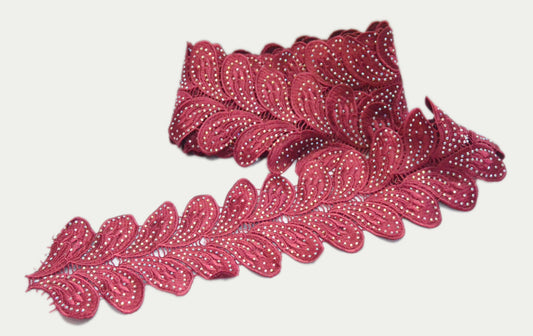 Wine Red Leaf-Patterned Rhinestone Trim – Per Yard