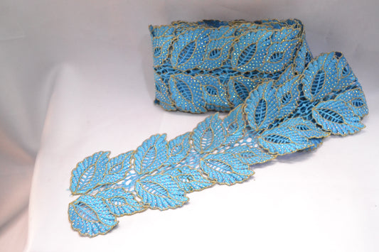 Azure Gold Leaf Rhinestone Embroidered Lace Trim – Per Yard