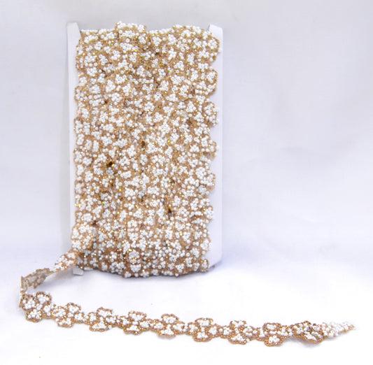 White & Gold Floral Beaded Trim – Per Yard