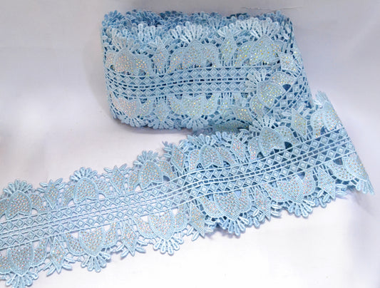 Baby Blue Laser-Cut Glitter Lace Trim – Per Yard