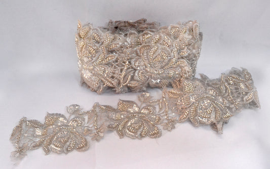 Champagne Gold Rose Vine Embroidered Lace Trim - Per Yard