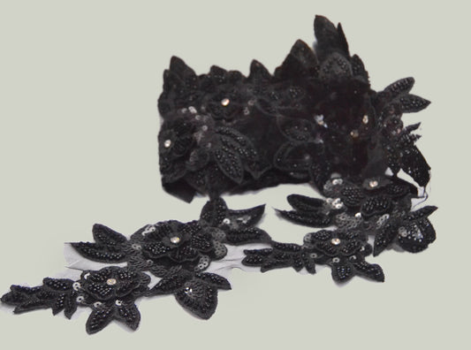 Black 3D Sequin Flower Lace Trim with Beads – Per Yard