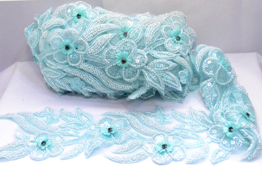Aqua Blossom Beaded Lace Trim – Per Yard