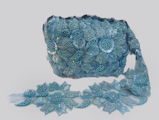 Aqua Bloom Beaded & Sequin Lace Trim - Per Yard