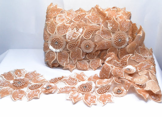 Champagne Bloom Floral Beaded Lace Trim – Per Yard