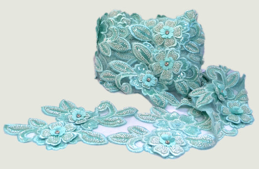 Aqua Bloom Beaded Floral Lace Trim – Per Yard