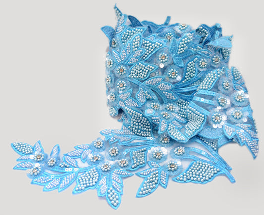 Blue Pearl & Sequin Floral Embroidered Lace Trim – Per Yard